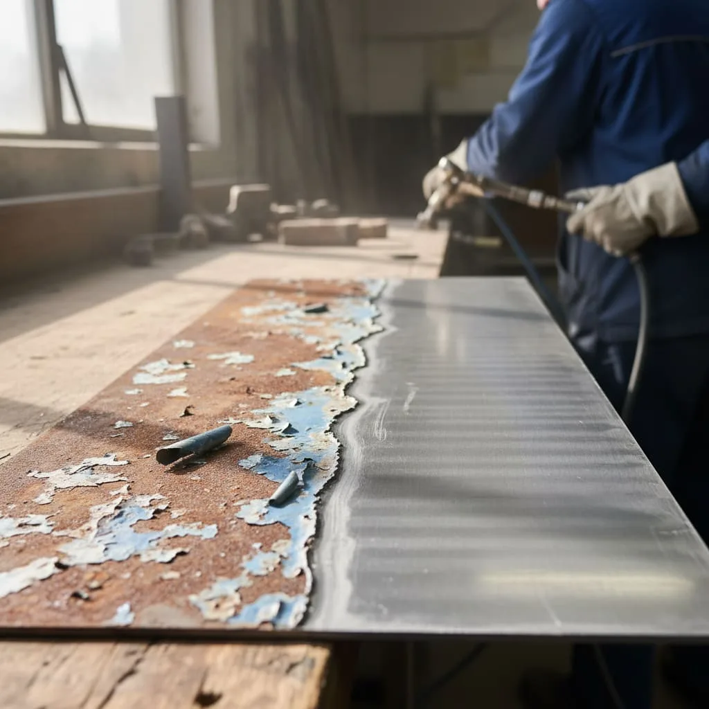 Sandstrahlen — Metalloberfläche im Vorher-Nachher-Vergleich